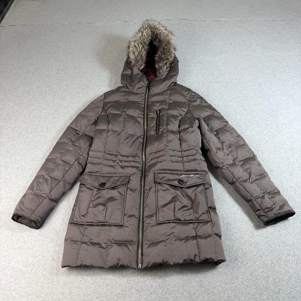 Eddie Bauer Down Parka Womens Medium Brown Hooded Fur Trim Quilted Puffer Coat
